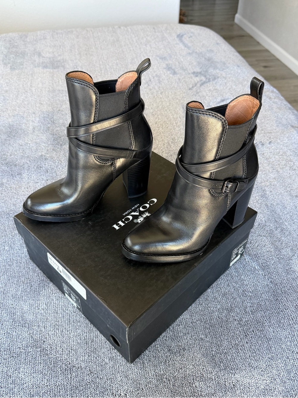 Coach Jackson Black Leather Heeled Ankle Boots with Wrap Strap